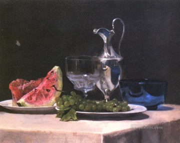 Classic Still Life Painting - Still life study of silver glass and fruit painter John LaFarge